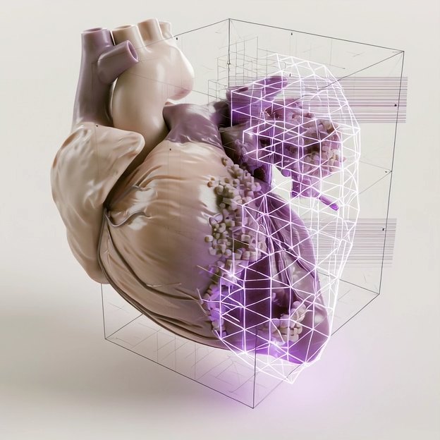 HeartX cardiac render with a violet voxel overlay
