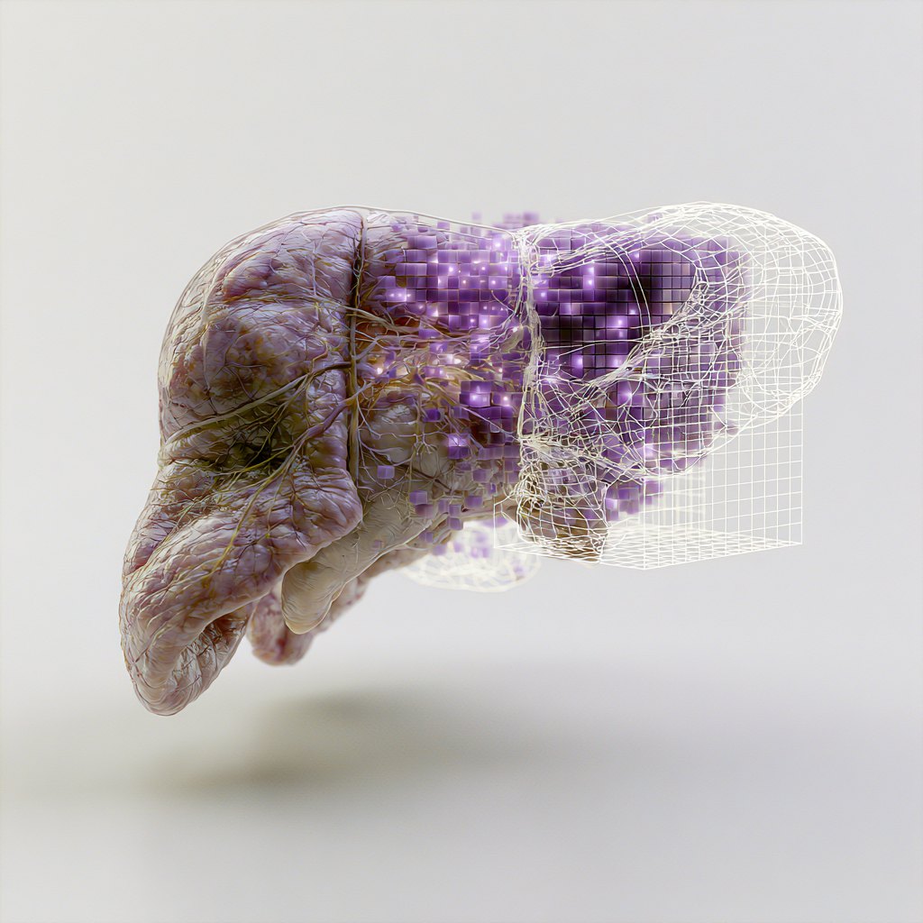 LiverX hepatic render with a violet voxel overlay