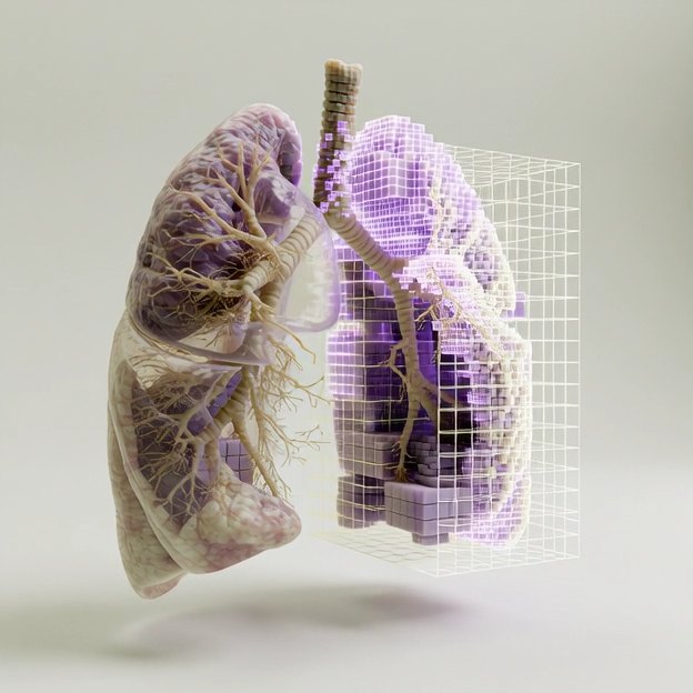 LungX pulmonary render with a violet voxel overlay