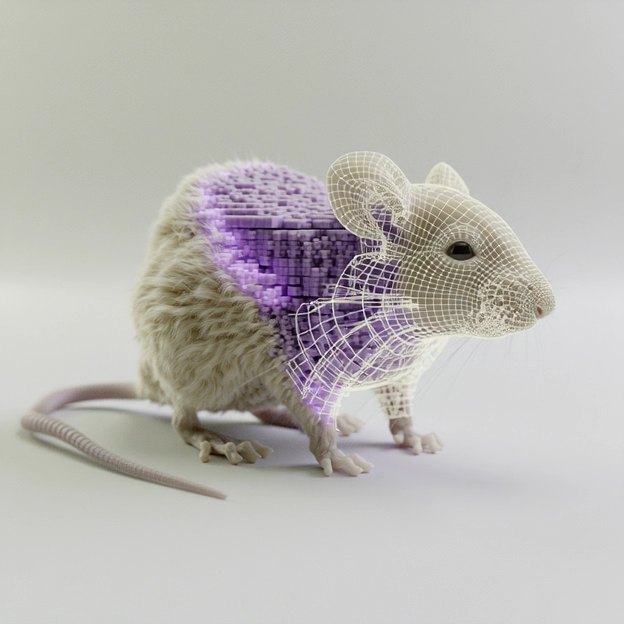MiceX pre-clinical render with a violet voxel overlay
